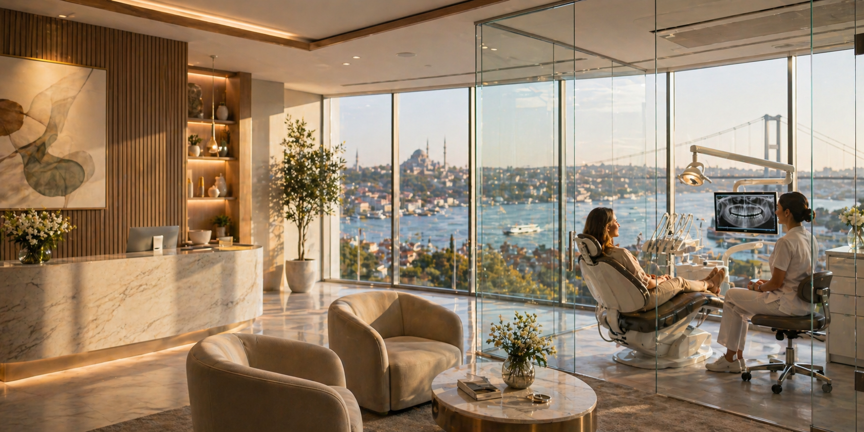 Istanbul skyline with modern dental clinic interior