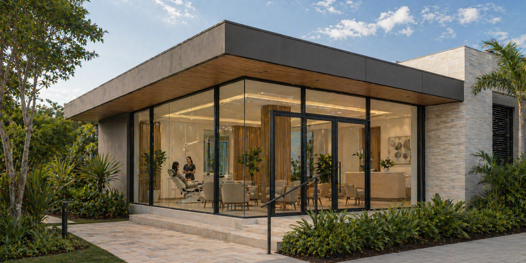 Lush Costa Rican landscape with a clean modern dental clinic