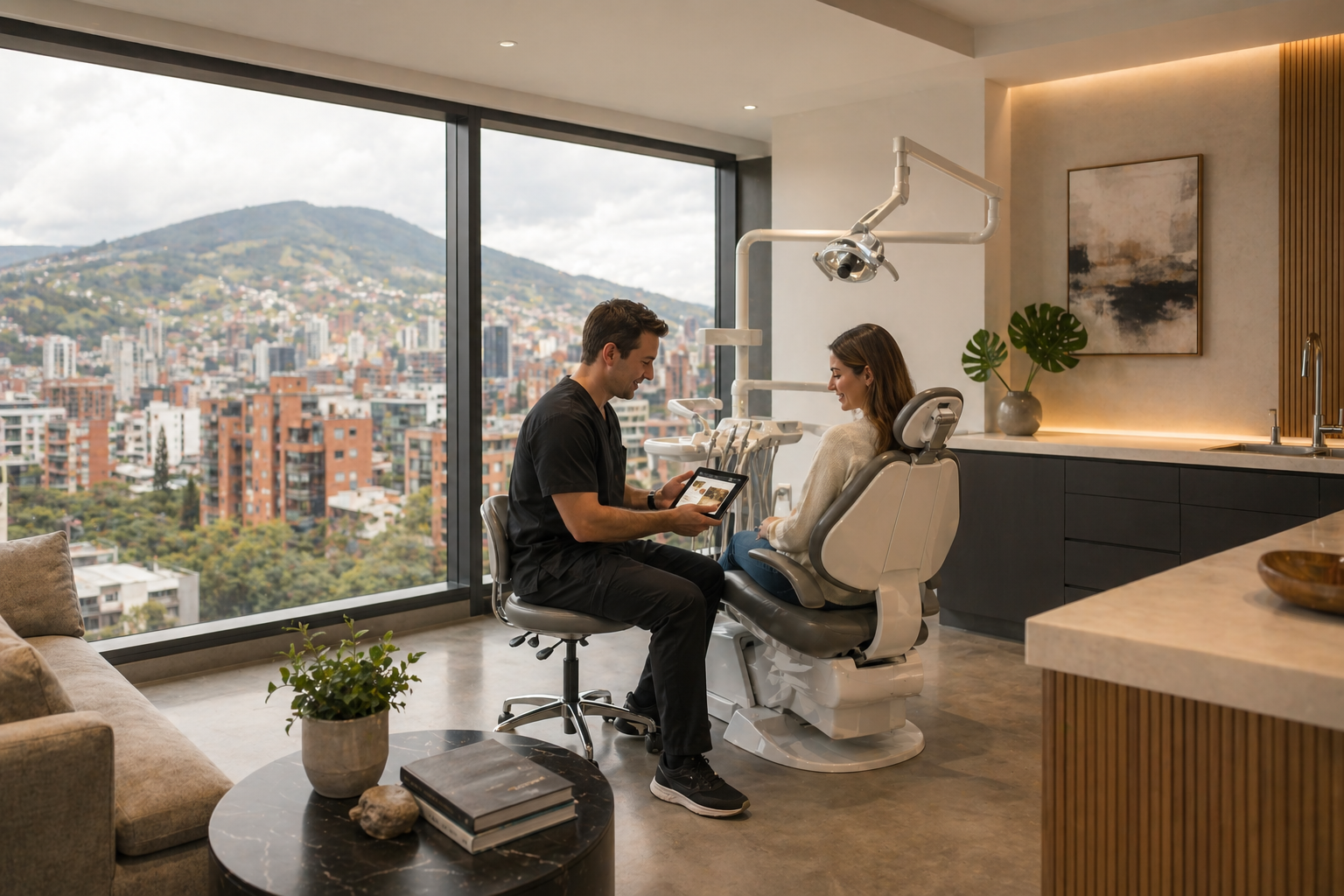 Modern Medellín or Bogotá dental clinic interior, warm and professional