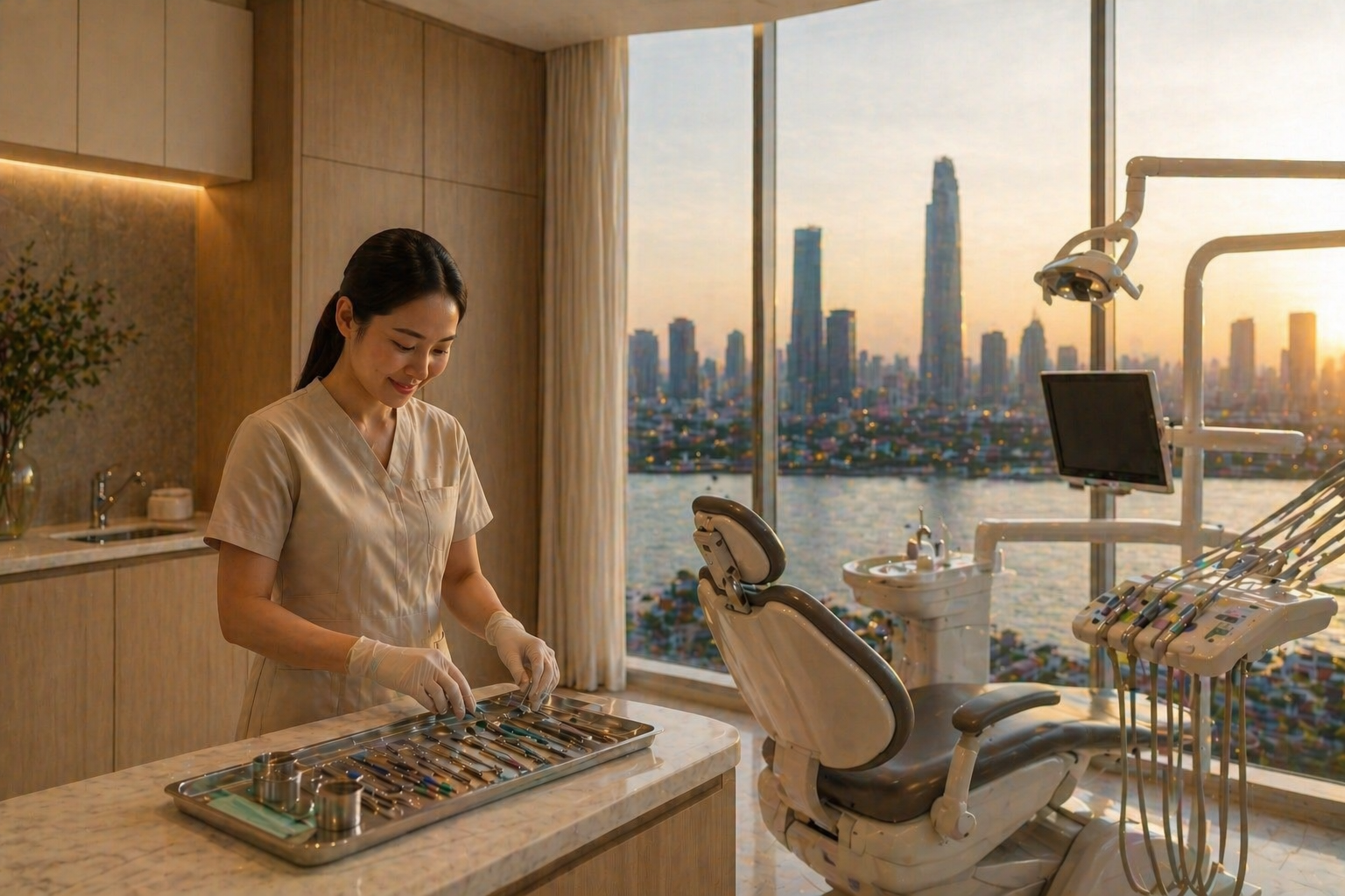Bangkok hospital-grade dental center, bright and modern, Thai cityscape visible