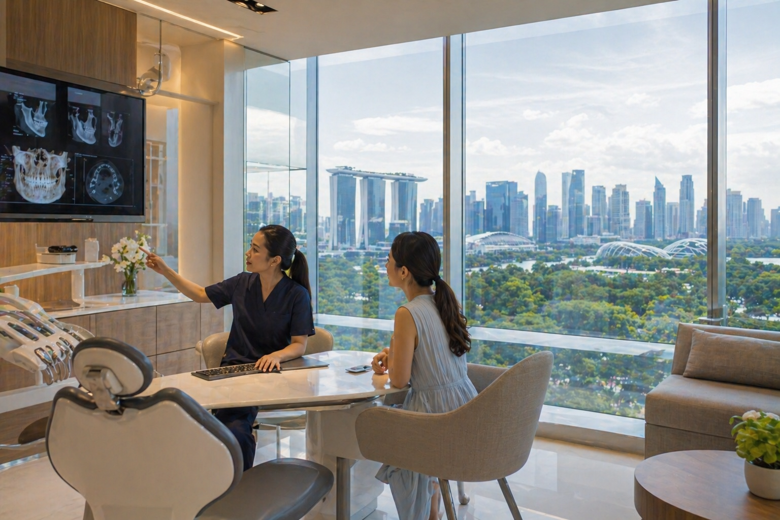 Singapore skyline with a premium modern dental clinic interior