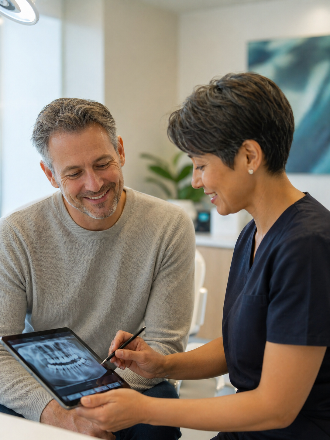 Patient consulting with a dental specialist in a modern clinic, warm and professional atmosphere