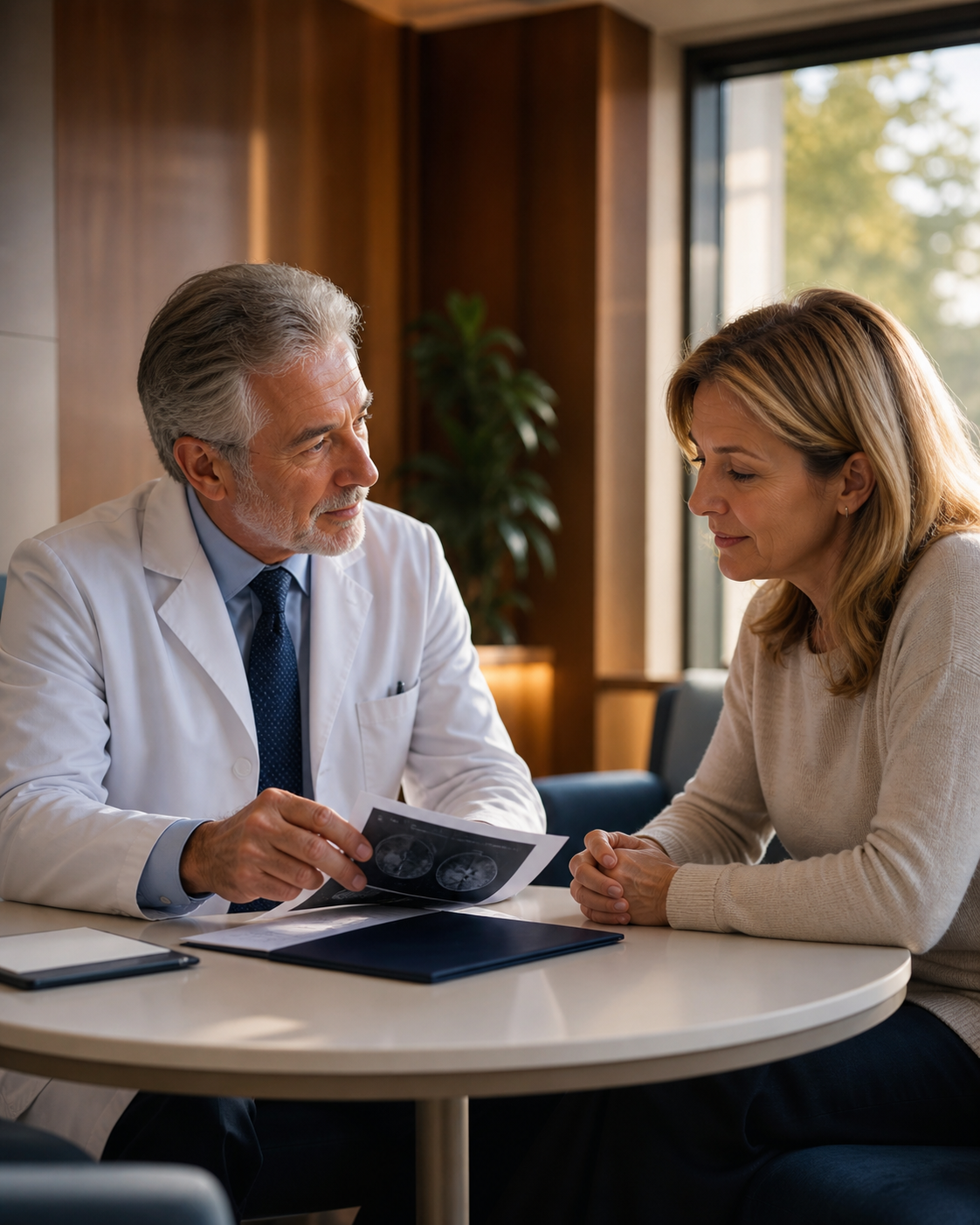 Oncology specialist in a warm consultation setting, reviewing a patient's case with care and focus