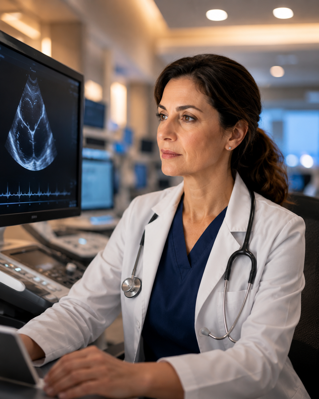 Cardiologist reviewing cardiac imaging in a modern hospital