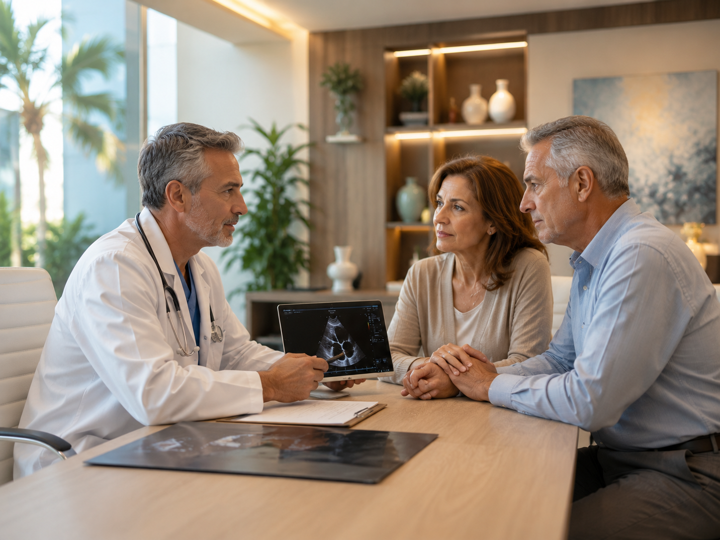 Patient reviewing cardiac imaging with a cardiologist in a modern consultation setting