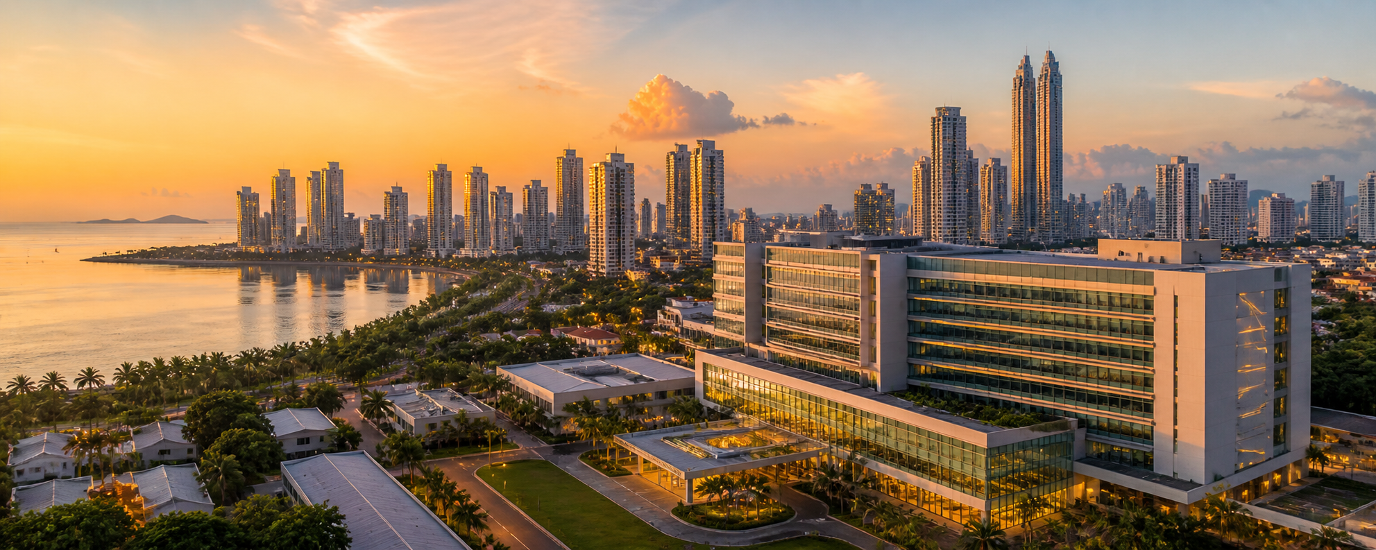 Panama City skyline with a modern JCI-accredited hospital building