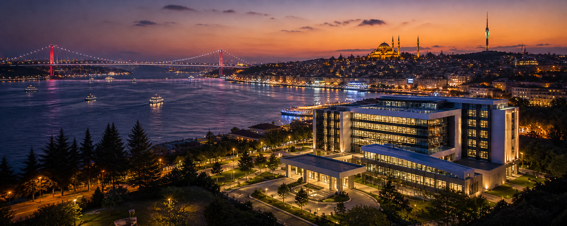 Istanbul skyline at dusk with a modern JCI-accredited hospital in the foreground