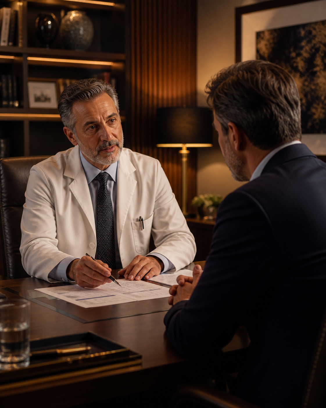 Physician privately reviewing test results with an executive patient in a premium consultation room