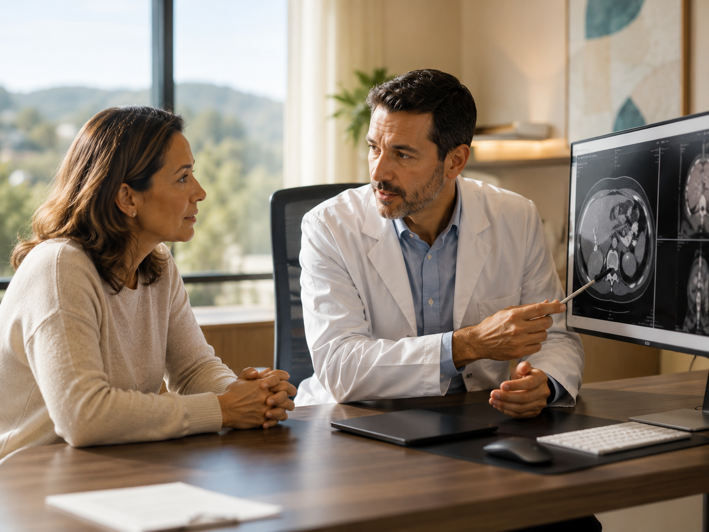 A patient in consultation with a medical coordinator, reviewing GI surgical options together