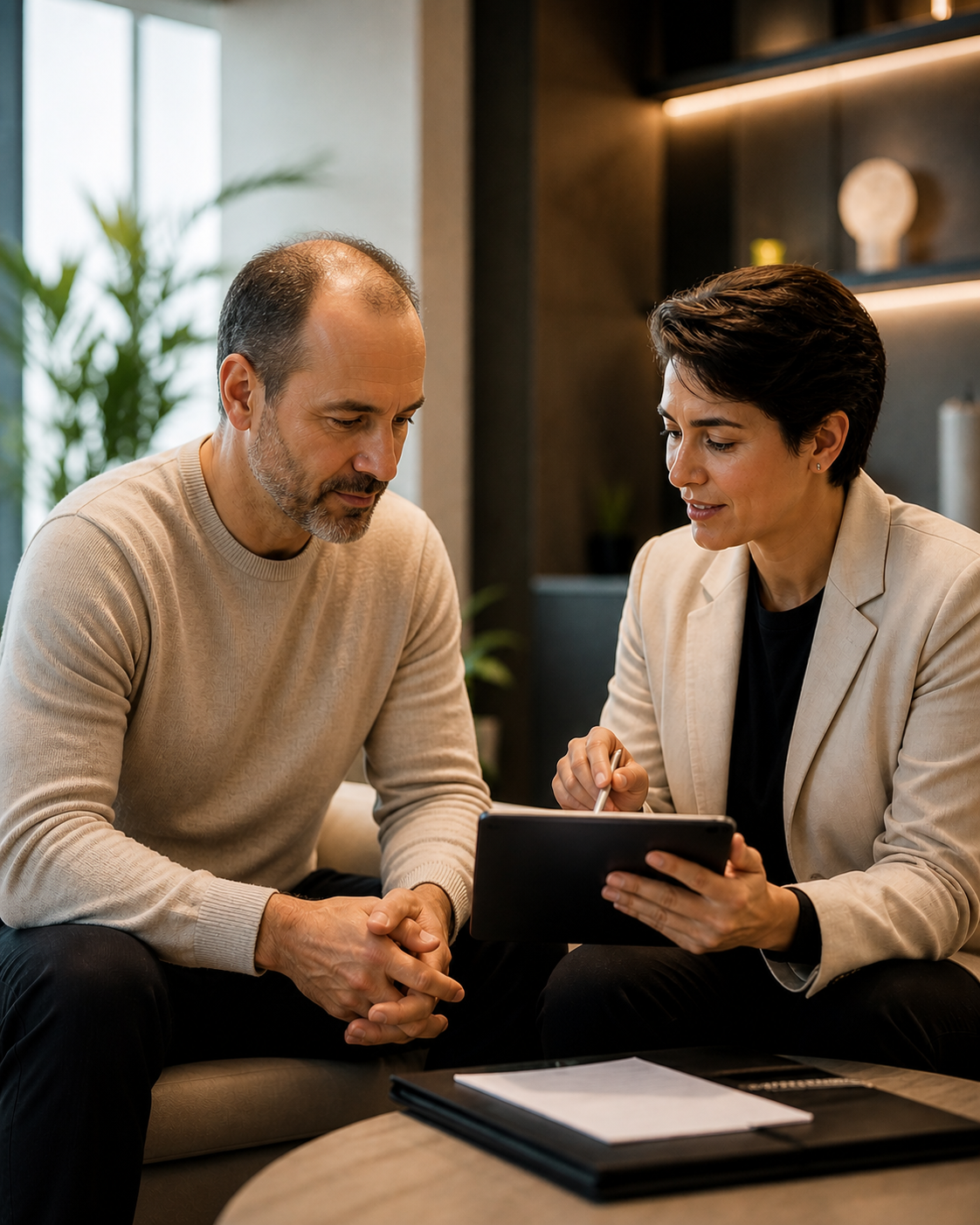 MyMediTour coordinator in conversation with a patient, reviewing hair transplant options on a tablet