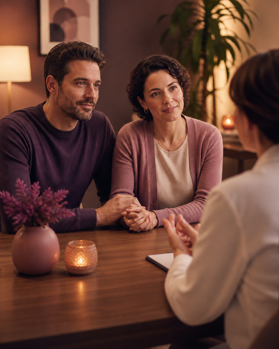 A couple in a warm consultation with a fertility specialist — hopeful, engaged, supported