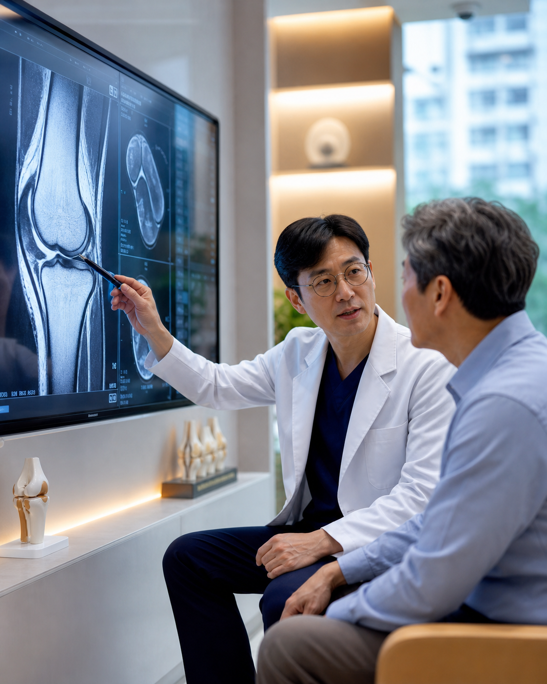 Orthopedic specialist in a modern Korean clinic reviewing knee imaging with a patient
