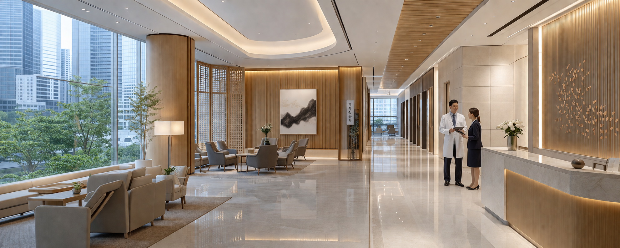 Modern Seoul orthopedic clinic — clinical, prestigious, warm lighting