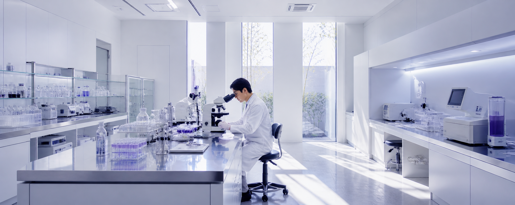 State-of-the-art Japanese medical research facility — minimalist, white, precision-focused