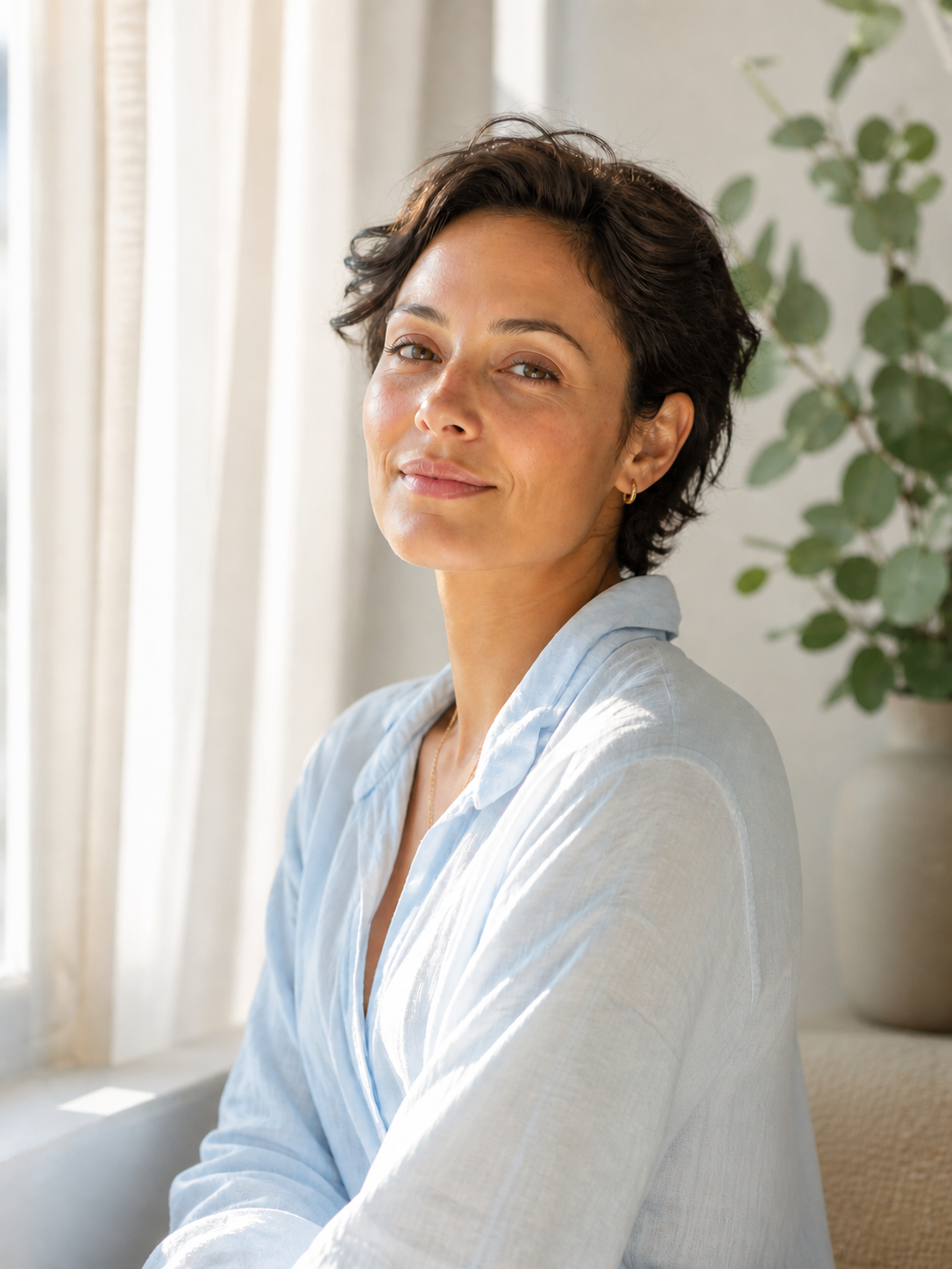 Confident, naturally poised person — embodying calm confidence, not a dramatic transformation