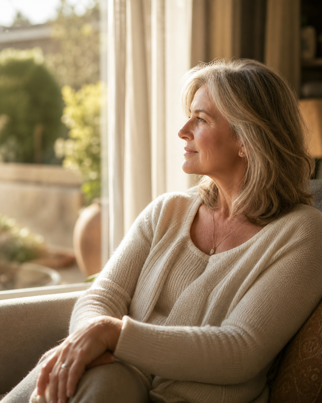 Person sitting by a window in soft light, looking out with quiet hope and reflection