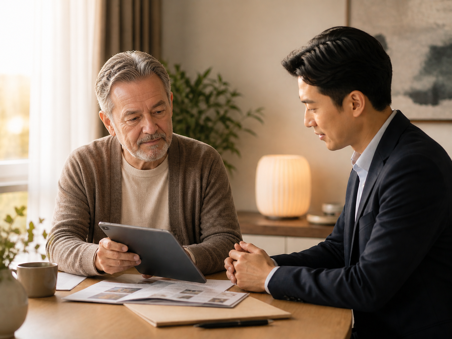 A patient in a thoughtful consultation with a medical coordinator, reviewing program options together