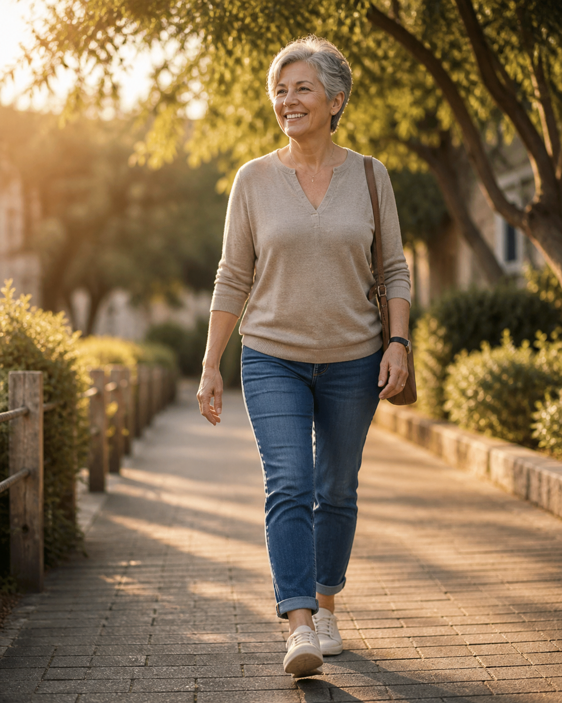 Person walking comfortably outdoors, active and at ease after vascular treatment