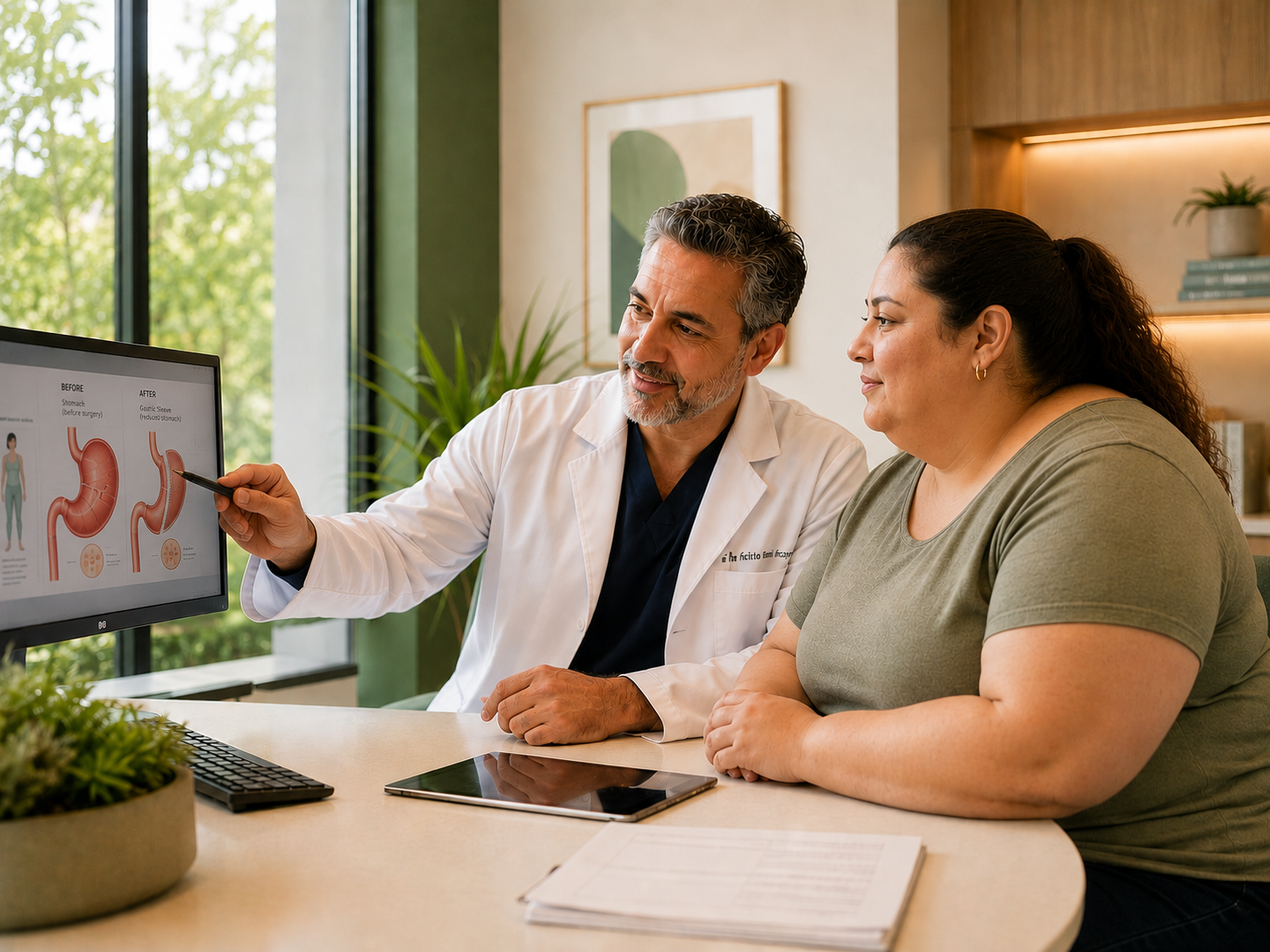 Patient in a consultation session with a bariatric surgeon reviewing their care plan — warm, focused, professional environment